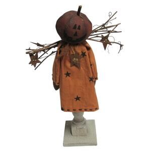 Primitive Pumpkin Head Angel on Wooden Distressed Stand Dress w/Stars Folk Art
